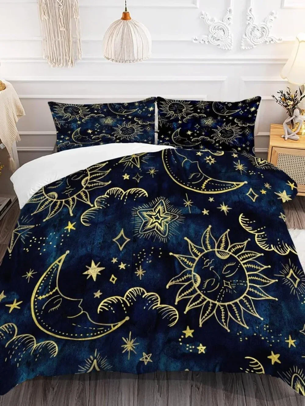 Celestial Comforter Set Queen Size Blue Gold Sun and Moon Boho Bedding for Kids